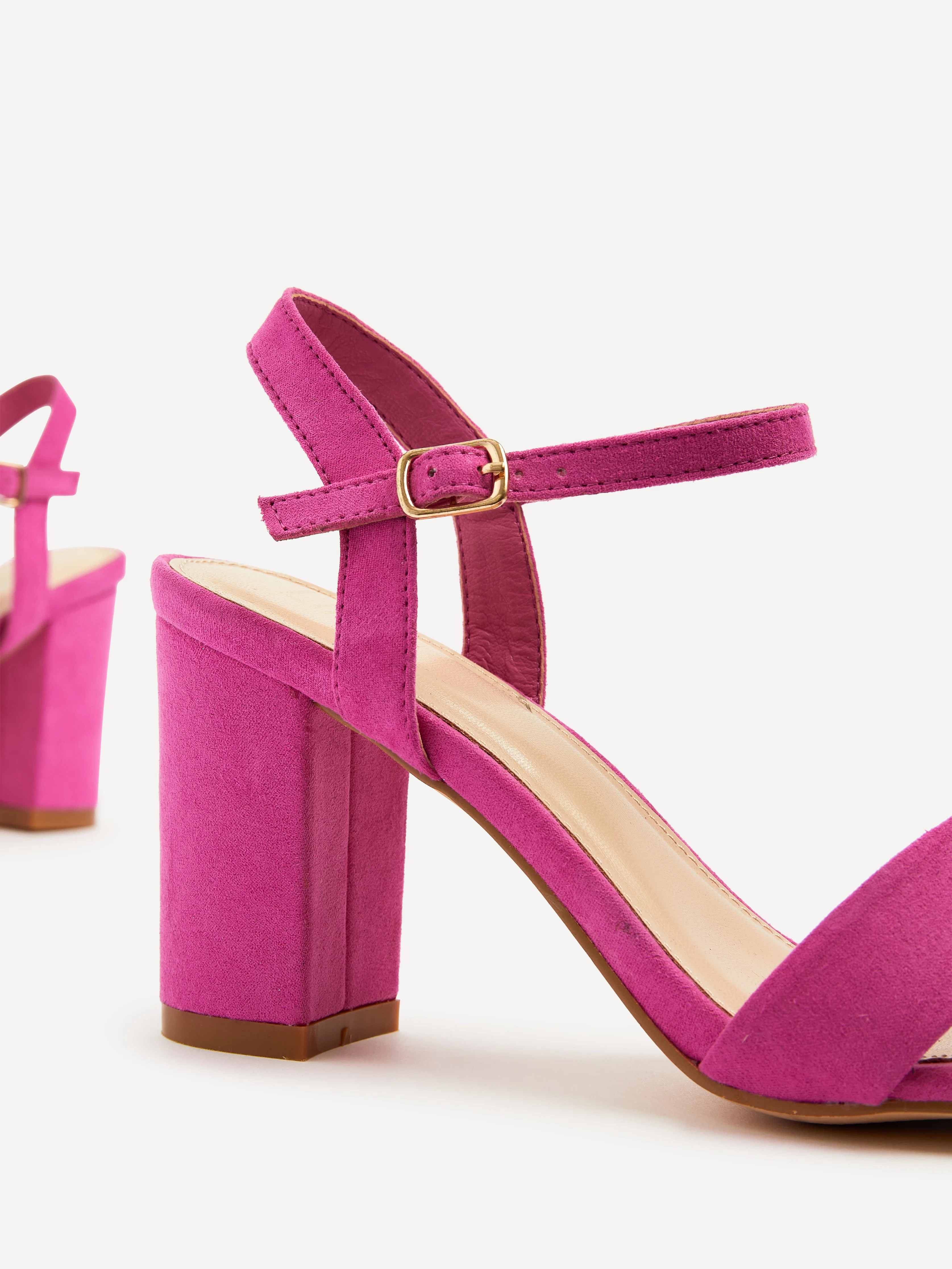 Pink Faux Suede Open Back Barely There Block Heeled Sandal | Linzi Shoes