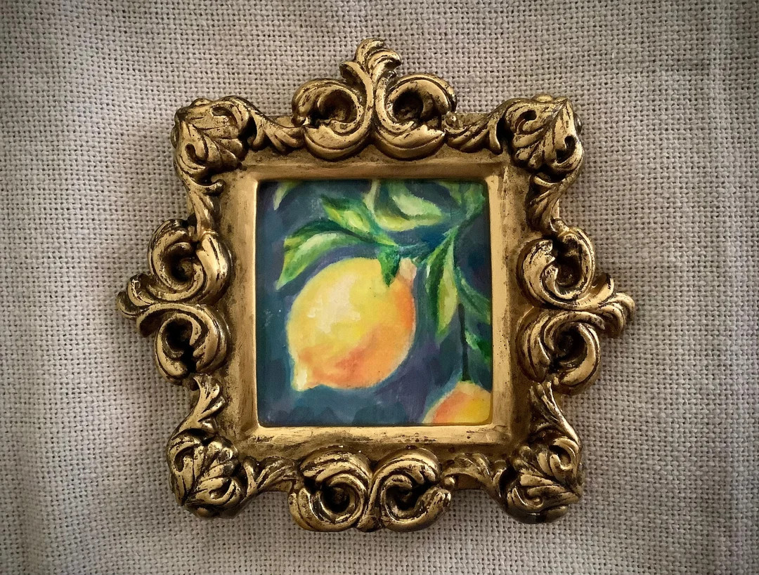 Lemon still life vintage ornate gold framed oil painting yellow farmhouse garden original hand pa... | Etsy (US)