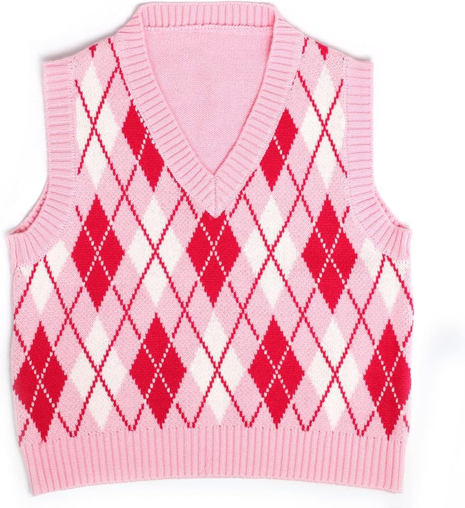Hyipels Argyle Sweater Vest Women Y2K Plaid Knitted Streetwear Preppy Style V Neck Crop Knitwear ... | Amazon (US)