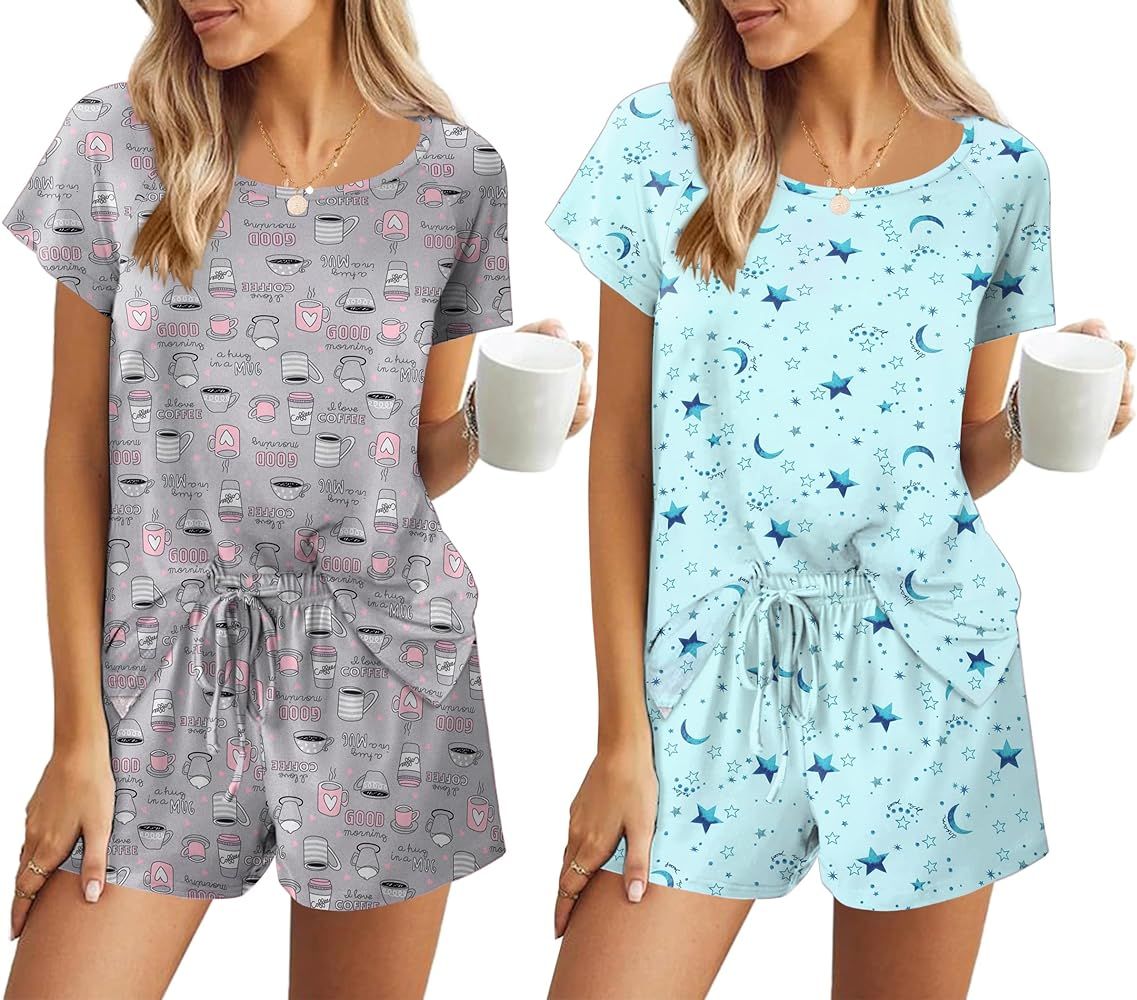 Ekouaer 2 Pack Pajamas Womens Short Sleeve Sleepwear Soft Crew Neck Pj Shorts Set Printed Loungew... | Amazon (US)