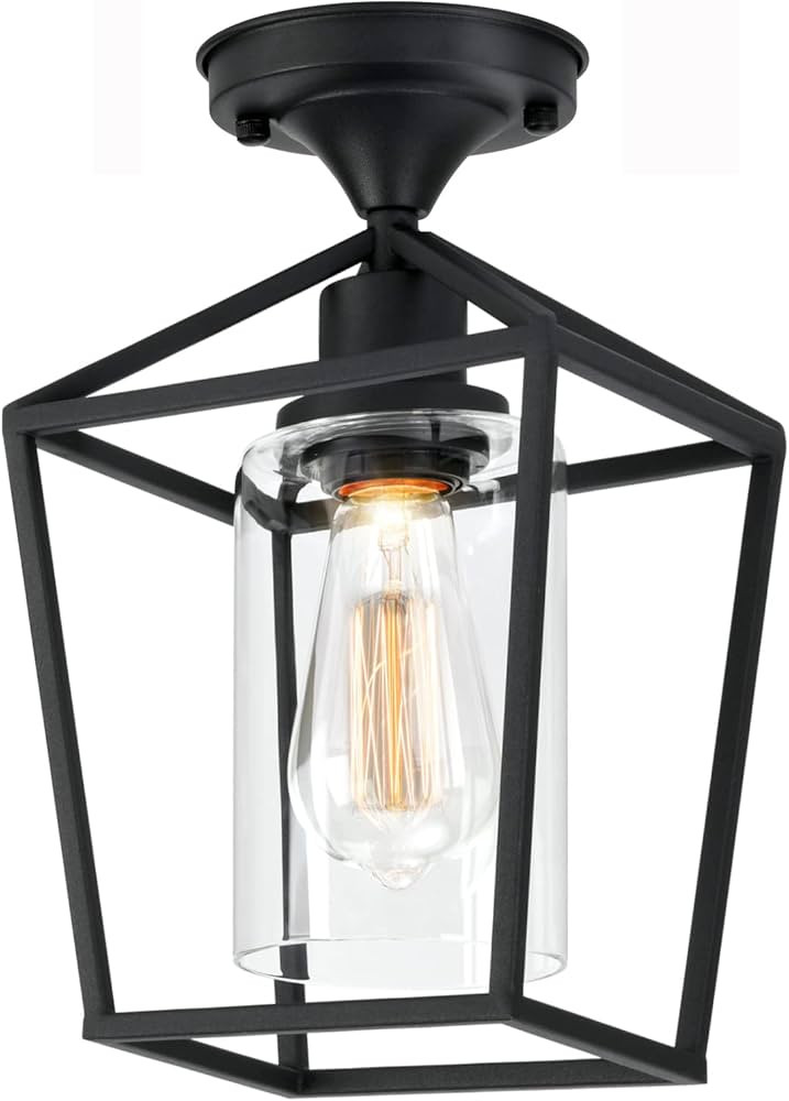 Melovom Clear Glass Semi Flush Mount Ceiling Light, Black Industrial Ceiling Light Fixtures, Indu... | Amazon (US)