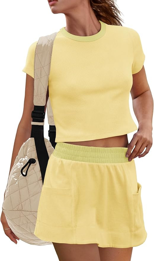 Panadila Womens Skort Sets 2 Piece Outfits Ribbed Short Sleeve Tops and Skirt with Shorts Underne... | Amazon (US)