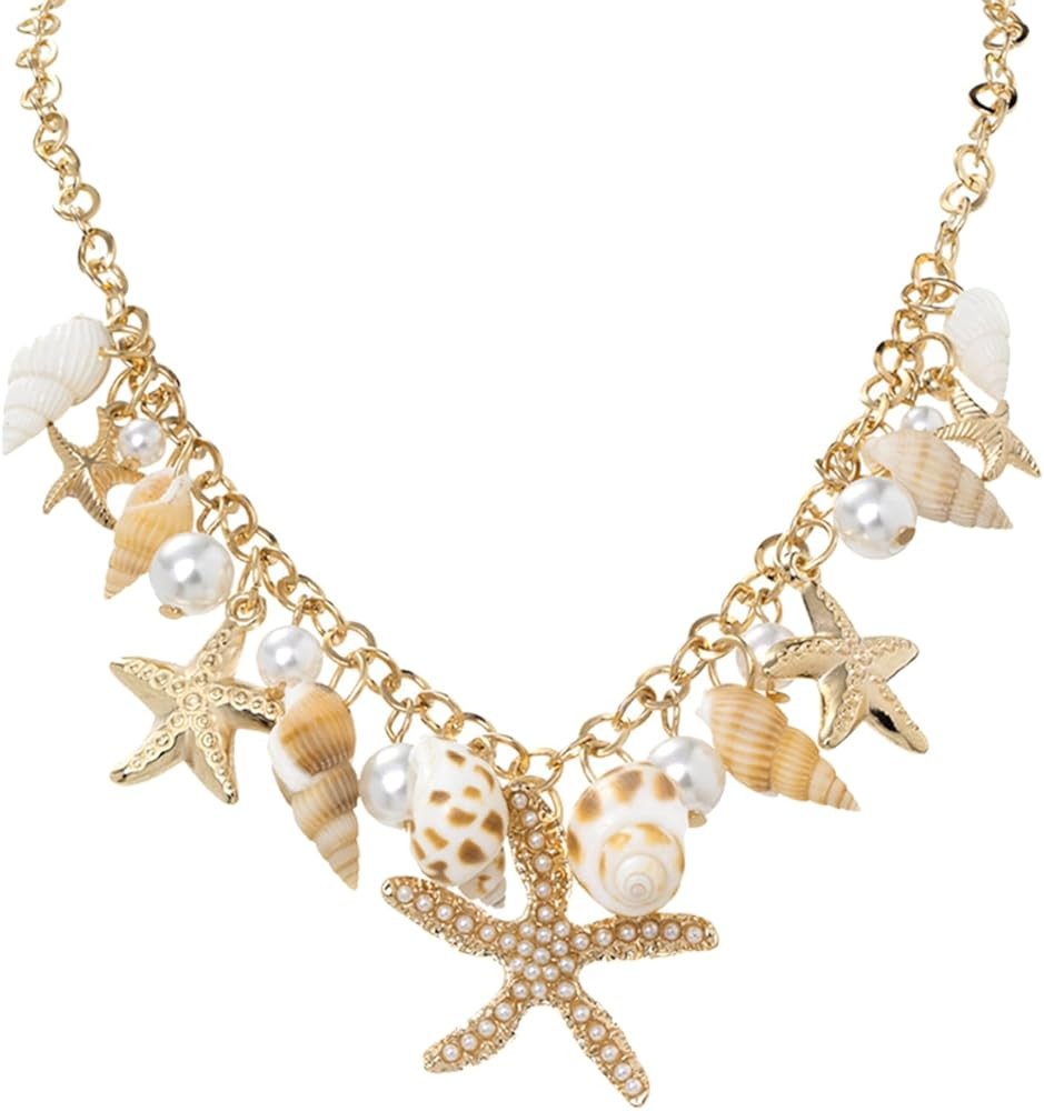 Shell Starfish Necklace Conch Statement Necklaces for Women Pearl Charm Choker Necklace Summer Su... | Amazon (US)