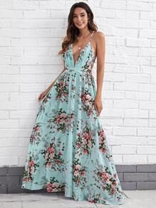 SHEIN Criss Cross Backless Floral Maxi Dress | SHEIN