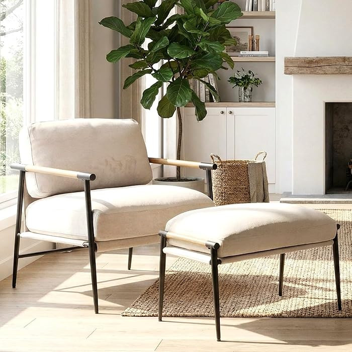 DUOMAY Mid Century Modern Accent Chair with Ottoman Set, Chenille Beige Upholstered Living Room C... | Amazon (US)