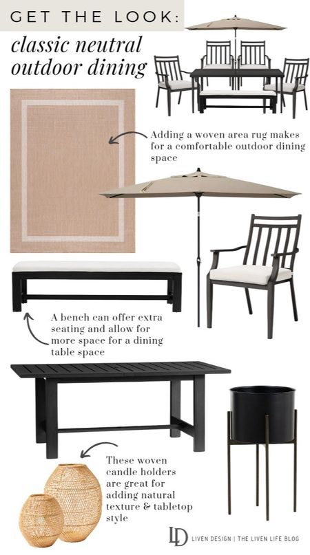 Outdoor dining look. Patio furniture. Outdoor dining table. Outdoor dining chairs. Outdoor dining bench. Outdoor neutral bordered rug. Patio umbrella. Outdoor woven lantern candle holders. Black outdoor plant stand. 

#LTKSeasonal #LTKhome #LTKstyletip
