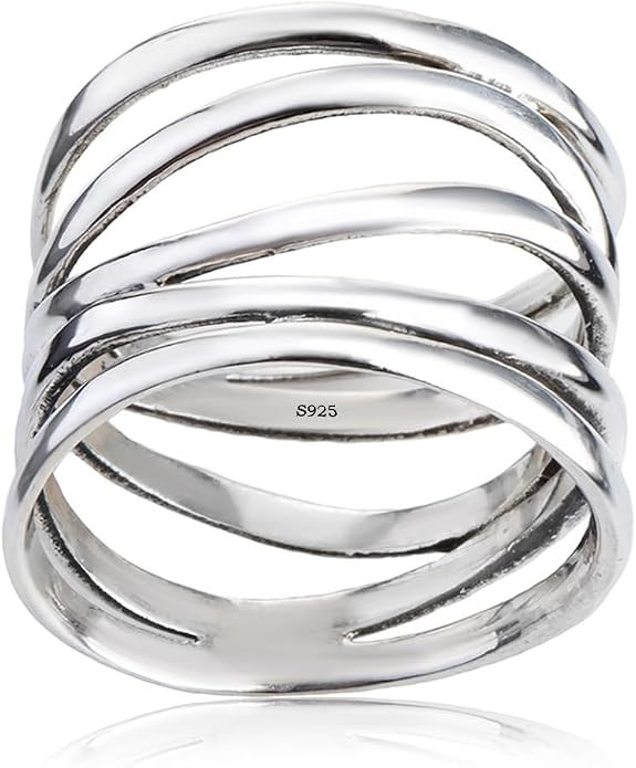 Multi Rows Cross Lines Knot Band Ring,S925 Sterling Silver Wide Chunky Bands Ring,Cocktail Party ... | Amazon (US)