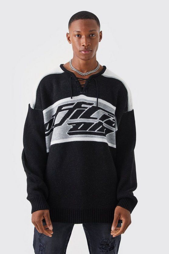 Oversized Knitted Hockey Top With Tie Detail | boohooMAN (US & Canada)