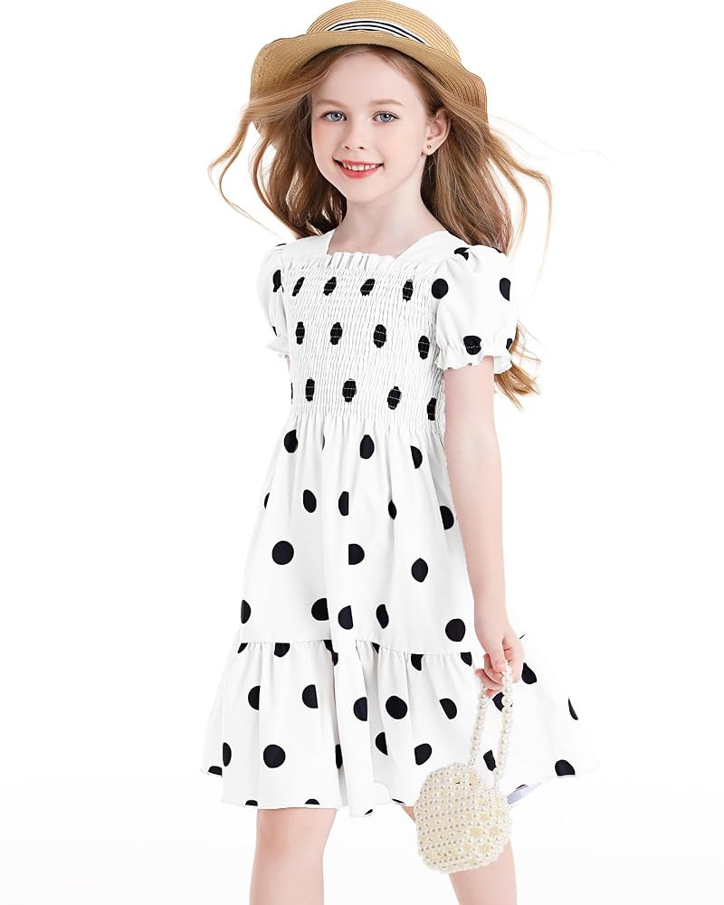 Amazon.com: FERWANG Little Girls Polka Dots Lantern Ruffle Sleeve Elastic High Waist Maxi A-line ... | Amazon (US)