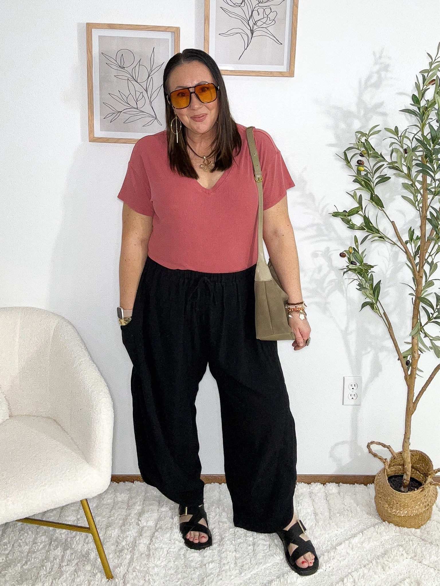 Casual OOTD!  When I don’t want to wear anything, I reach for these Amazon pants. XL! This brand has several different hem styles to choose from! XL v neck tee from AE. Walmart sandals are the perfect addition. So comfy!