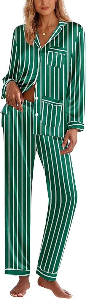 Ekouaer Silk Pajamas for Women Classic Button Down Satin Pajama Sets Long Sleeve Lounge Set | Amazon (US)
