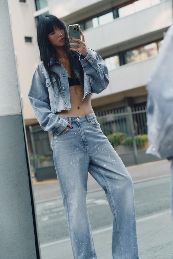 TRF STRAIGHT-LEG RHINESTONE HIGH-WAIST JEANS | Zara UK