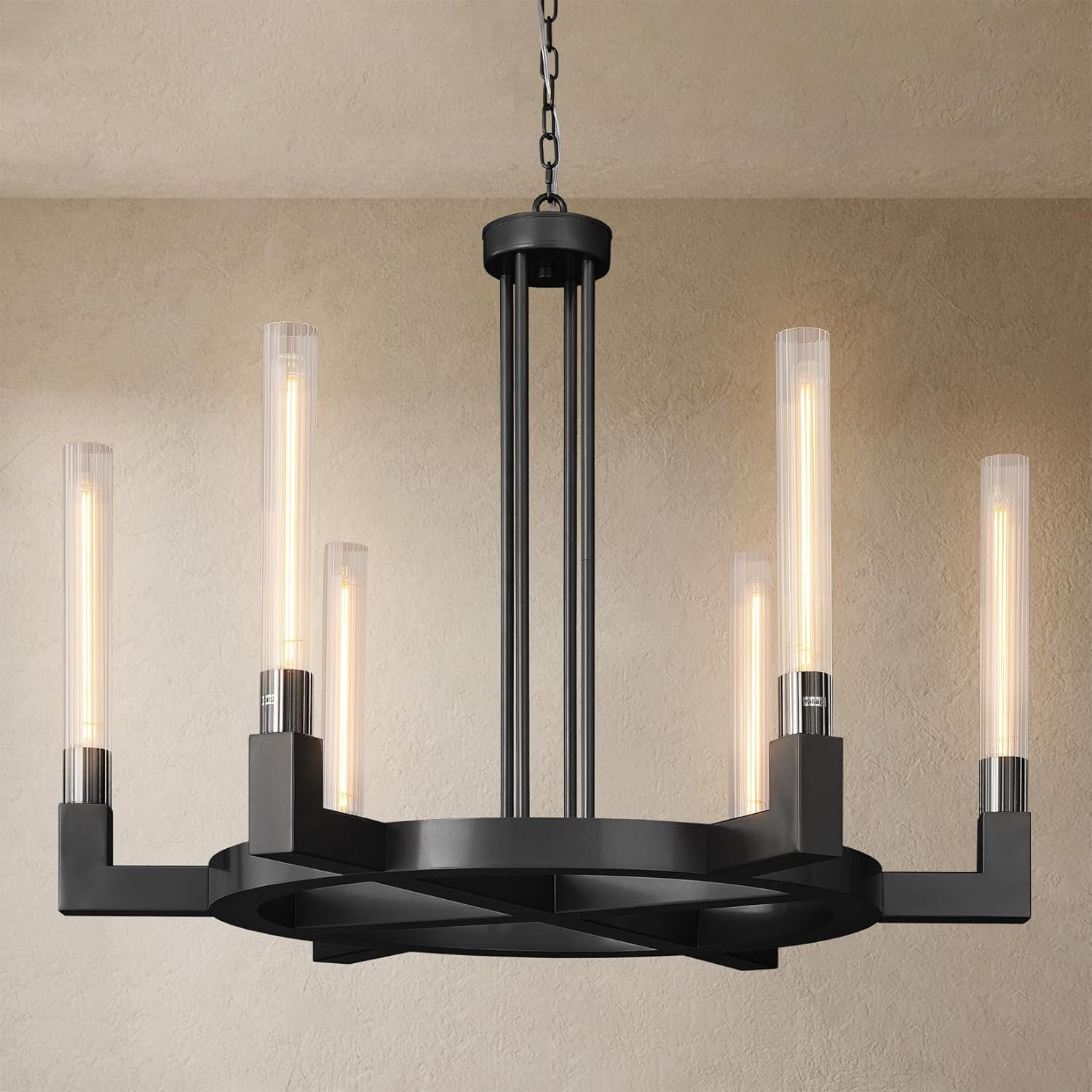 Black 6-Lights Wagon Wheel Chandelier with Glass Tube, 35''Farmhouse Chandeliers Round Luxurious ... | Amazon (US)