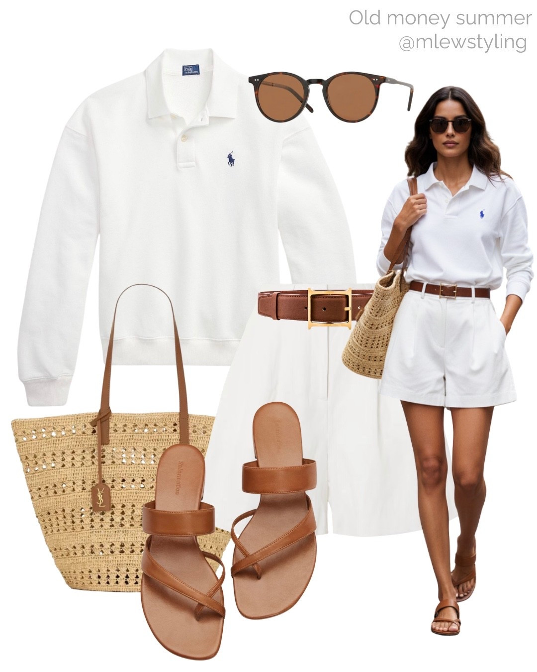 Old money summer outfit ✨

Tags: elevated outfit, polo Ralph Lauren, white tailored shorts, ysl raffia tote bag, reformation brown leather sandals, helska belt, quince sunglasses, capsule wardrobe

#LTKsummer #LTKstyletip #LTKbag