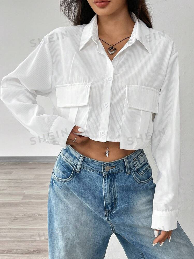 SHEIN EZwear Summer Outfits Stripe Print Flap Pocket  Button Front Crop Shirt | SHEIN