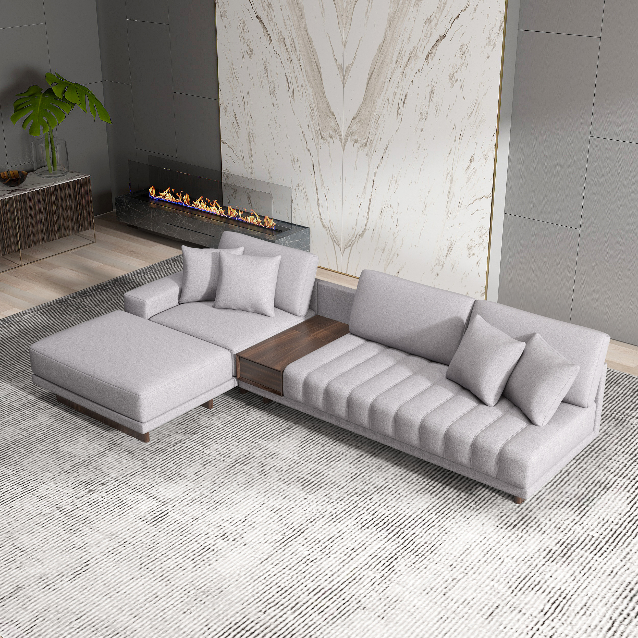 126"" L-Shaped Grey Cotton Linen Modular Sectional Sofa with Ottoman for Living Room | Homary