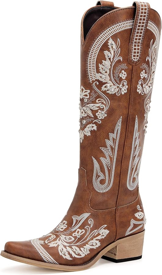 Western Cowboy Boots for Women Embroidered Rhinestones Knee High Cowgirl Boots Pointed Toe Chunky... | Amazon (US)