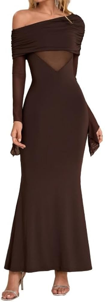 Women One Shoulder Long Sleeve Maxi Dress Bodycon Cut Out Long Formal Wedding Guest Dresses | Amazon (US)