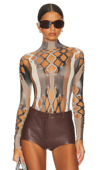 Amphitrite Bodysuit Shapewear Fishnet Polo Neck Bodysuit in Black, Brown, & Oyster | Revolve Clothing (Global)