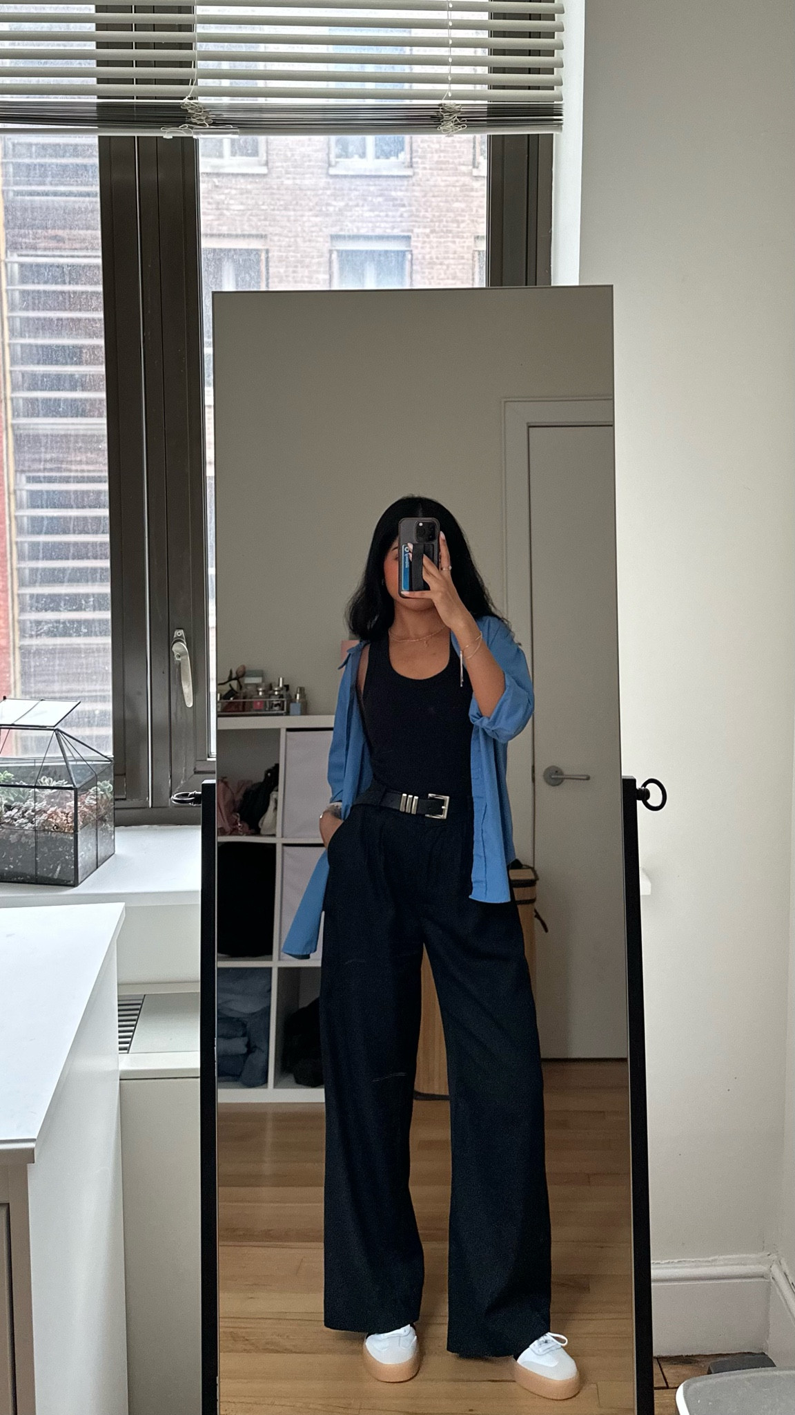 business casual outfit | black trousers, black tank top, blue button down, adidas samba

#LTKWorkwear