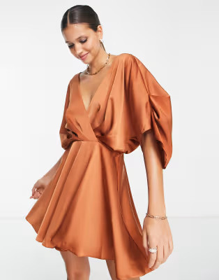 ASOS DESIGN satin batwing mini dress with pleated bodice detail in rust | ASOS (Global)
