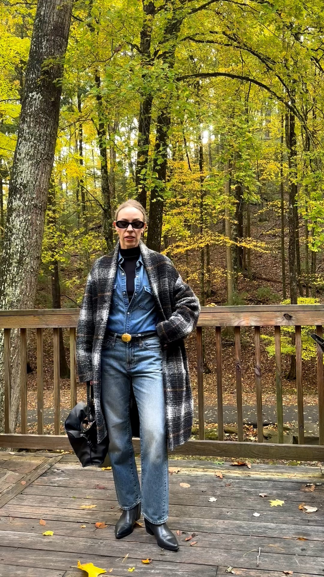 Fall outfit, plaid coat, all denim look, metal plaque belt, Isabel Marant