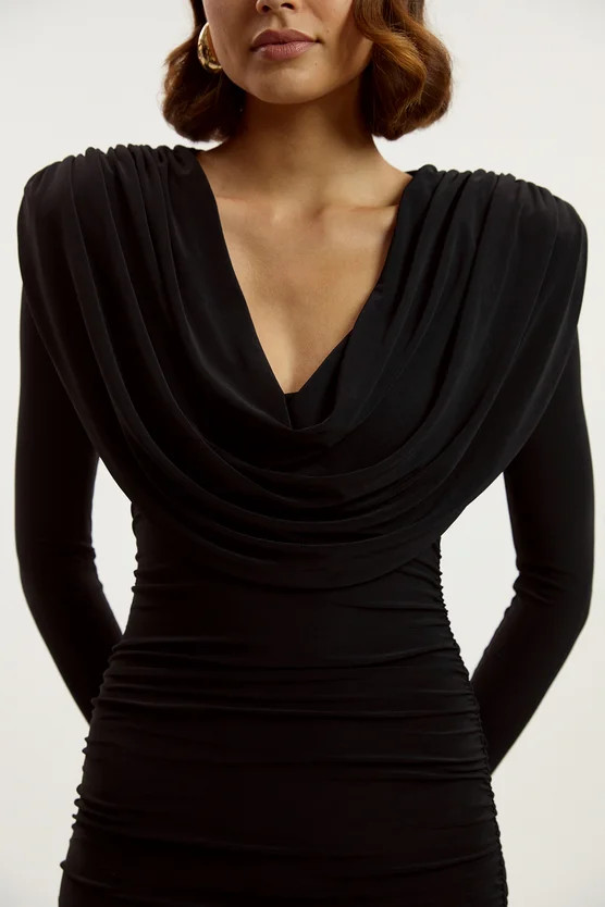 Stretch Drapey Crepe Ruched Plunge Neck Long Sleeve Mini Dress | Karen Millen UK + IE + DE + NL