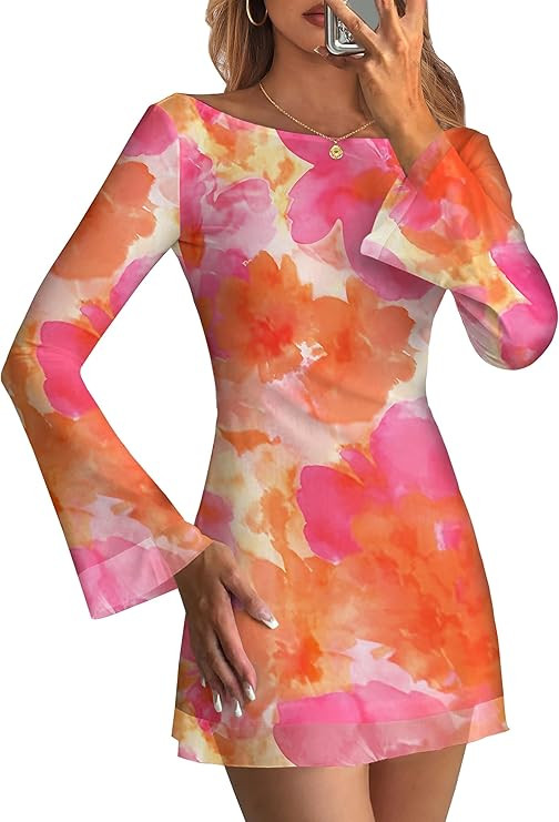 Caracilia Women's Club Night Out Cocktail Dresses， Bell Long Sleeve Boat Neck， Floral Mesh Mi... | Amazon (US)
