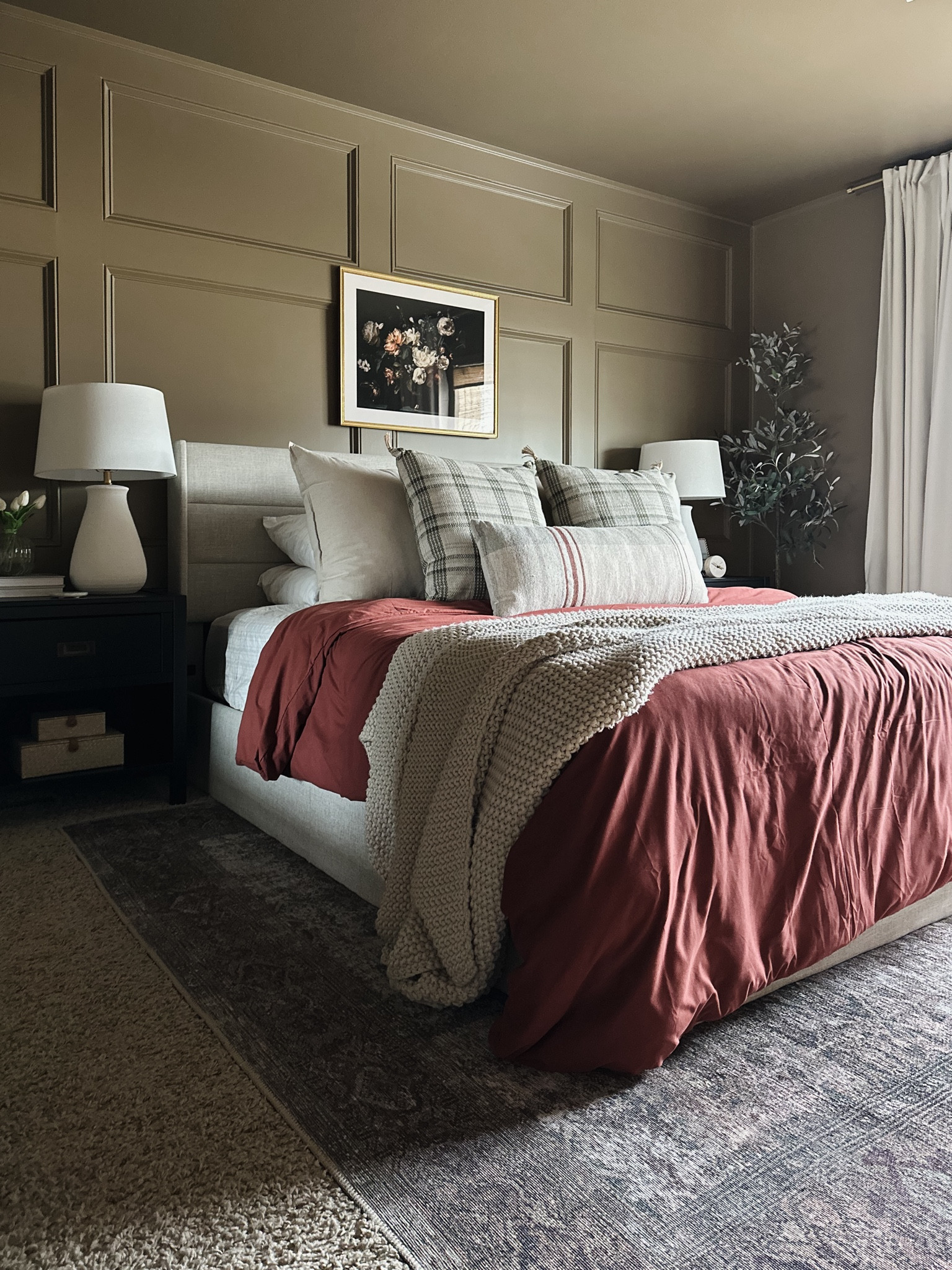 Brown neutral bedroom 

Burgundy duvet, brown bedroom, amber Lewis x Loloi rug in moss/salmon, casaluna throw, throw pillows, plaid pillow, white ceramic lamp, black nightstand, coffee table books, McGee & co glass lamp, faux tulips, layered bedding, rattan decor boxes, home decor, brass picture frame, wall moulding #LTKMostLoved 

#LTKhome #LTKstyletip