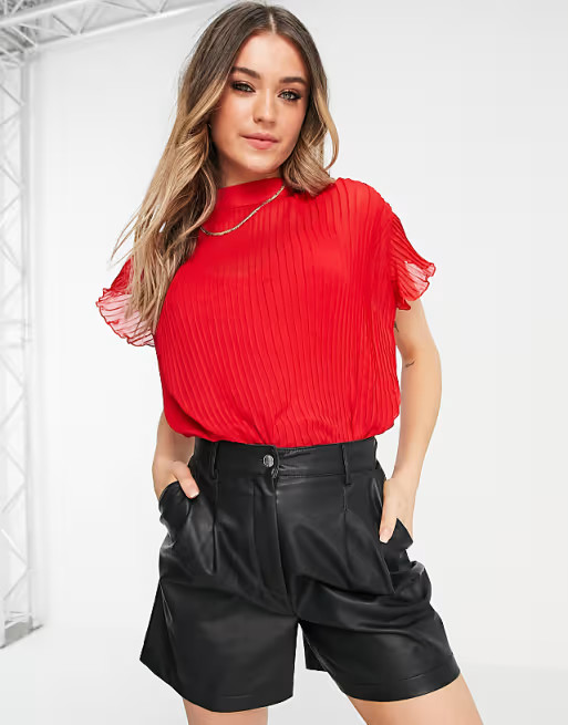 ASOS DESIGN short sleeve pleated top in red | ASOS (Global)