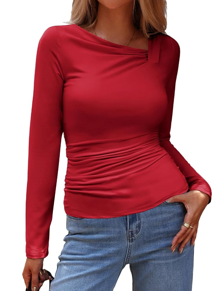 CiCiBird Women Fashion Long Sleeve Tops Fall Going Out Slim Fitted Shirts Y2K Asymmetrical Neck B... | Amazon (US)