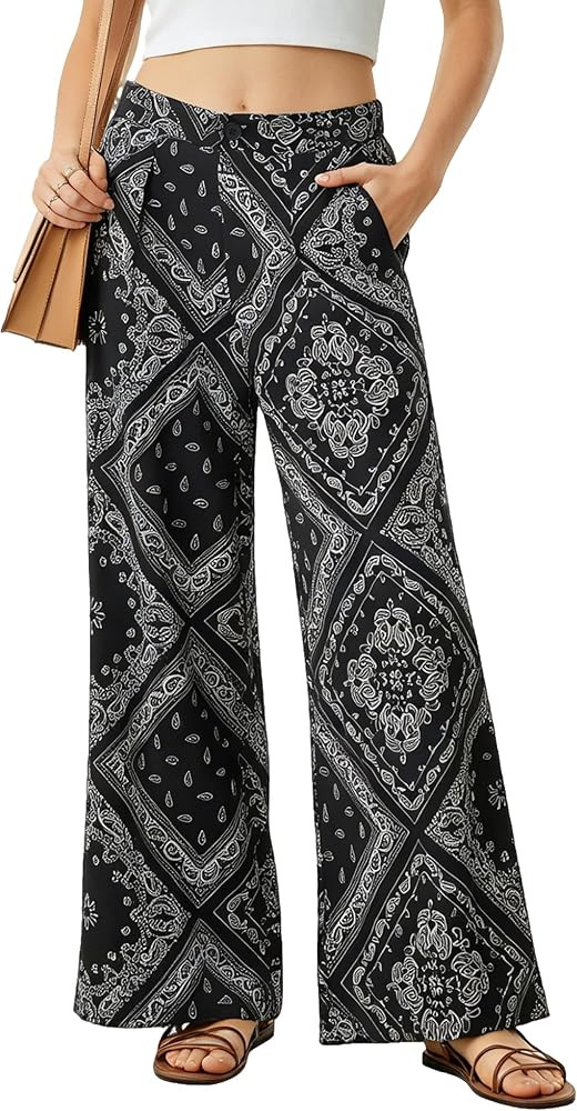 Women Elastic Waist Palazzo Wide Leg Zipper and Button Dress Pant with Pockets for Office Vocatio... | Amazon (US)