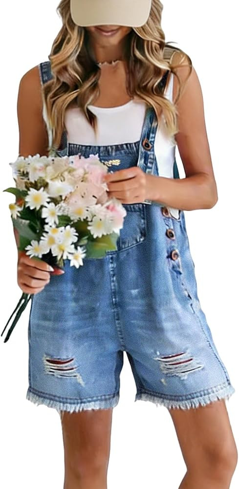 Denim Overall Shorts for Women 2026 Summer Casual Distressed Ripped Jean Shortalls Romper | Amazon (US)