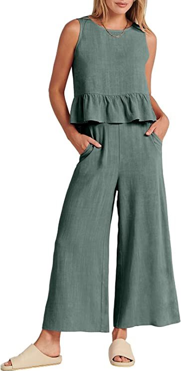 ANRABESS Women's Summer 2 Piece Outfits Sleeveless Ruffle Tank Crop Top & Wide Leg Pants Lounge S... | Amazon (US)