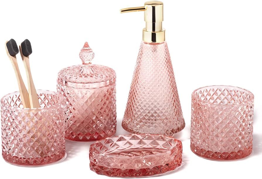 EMPO 5Pcs Diamond Glass Bathroom Accessories Complete Set, Triangle Vintage Lotion Dispenser, Soa... | Amazon (US)