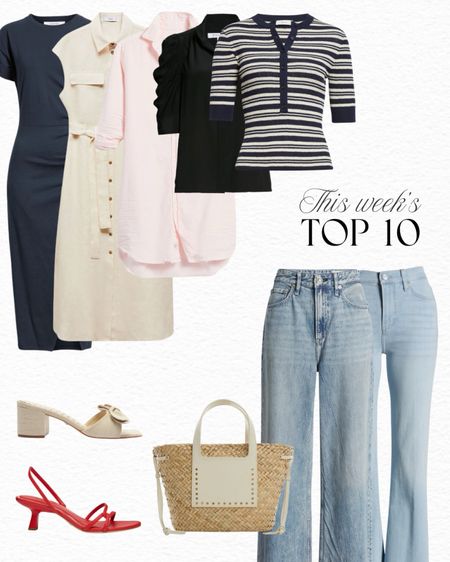 This week’s top 10 best sellers! Featuring one of my favorite summer dresses: the Frank & Eileen Mary dress. This Frame navy ruched dress is another hot seller and is selling out quick! I also love these Featherweight jeans from Rag & Bone - they’re so comfortable and made with stretchy material. I also linked the caramel straw tote below. 

#LTKSaleAlert #LTKStyleTip #LTKFindsUnder100
