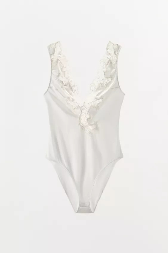 SATIN BODYSUIT WITH EMBROIDERY AND LACE | Zara UK