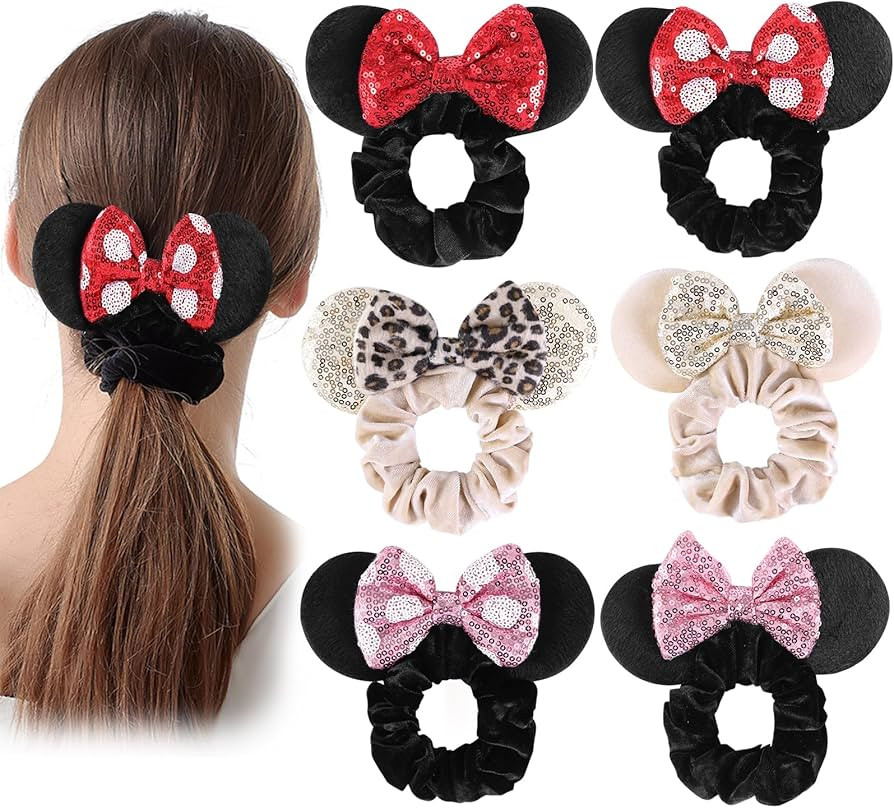 6 Pcs Disney Mouse Scrunchies,Shiny Bows Minnie Mickey Mouse ears for Birthday Parties, Themed Ev... | Amazon (US)