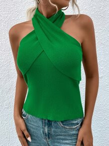 Cross Wrap Halter Knit Top
   SKU: sw2207080711001686      
          (2 Reviews)
            US$... | SHEIN