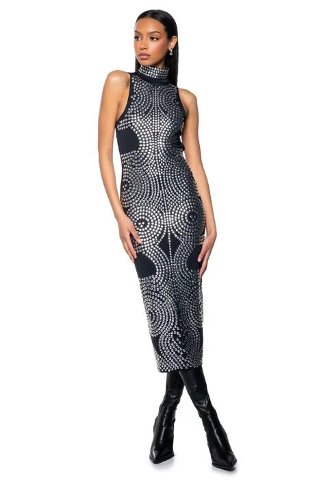 MOON ILLUSION STUDDED OPEN BACK MAXI DRESS in black silver | AKIRA