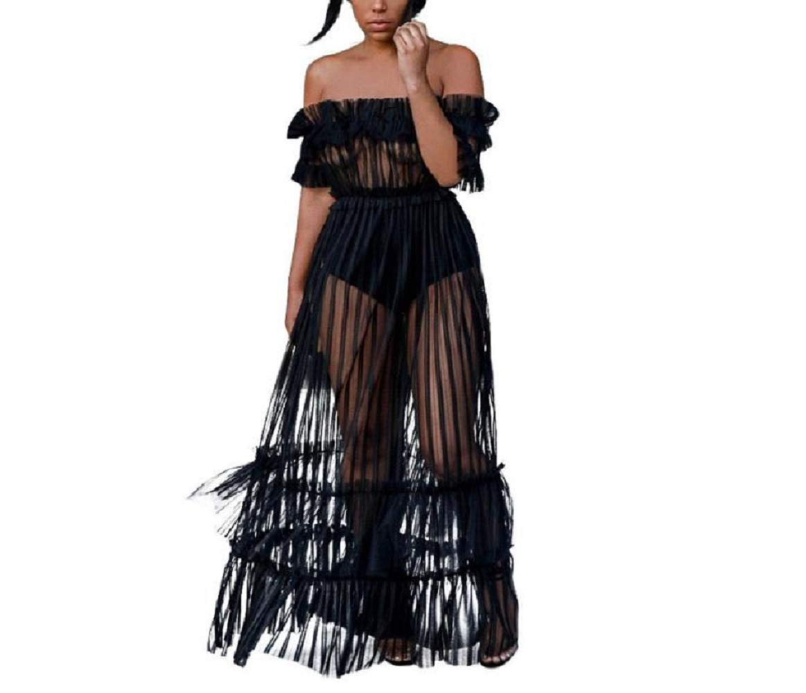 Women Sexy Lace Off Shoulder Mesh See Through Long Pleated Maxi Dress Club Party Gown | Amazon (US)