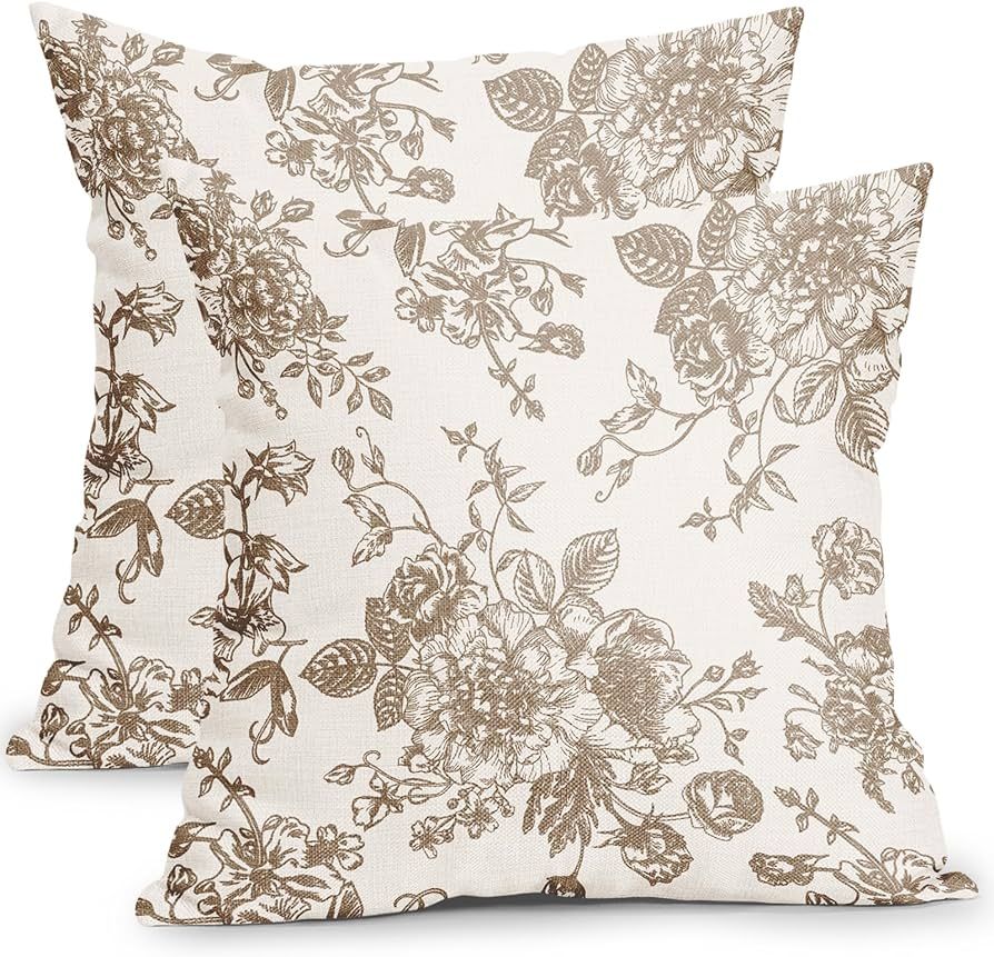 Vintage Floral Pillow Covers 18x18 Inch Set of 2 Tan and Cream Floral Throw Pillow Covers Chinois... | Amazon (US)