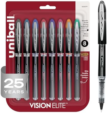 uniball Vision Elite Rollerball Pens, Micro Point (0.5mm), Assorted Colors, 8 Pack | Amazon (US)