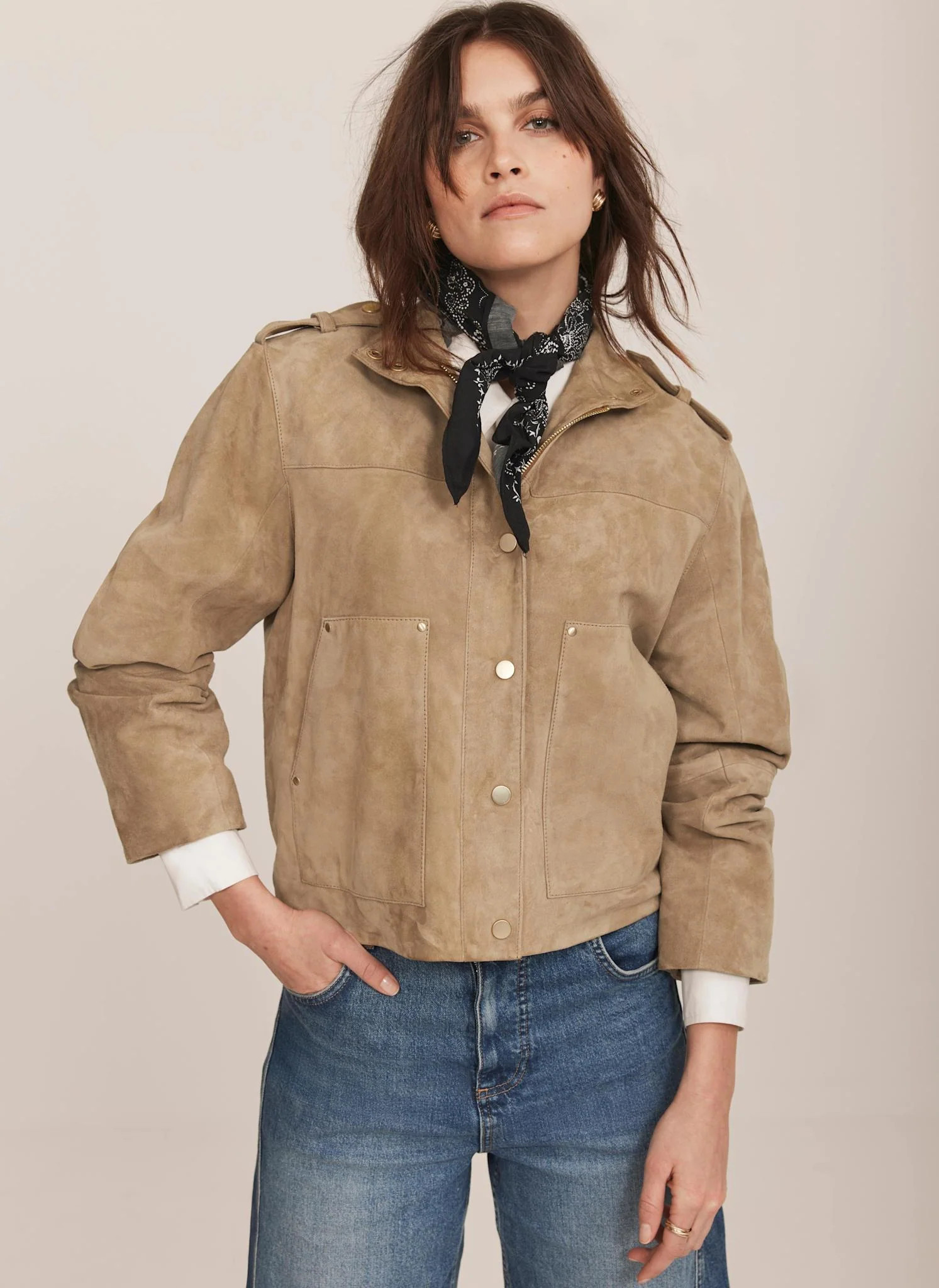 Neutral Suede Funnel Neck Jacket | Mint Velvet