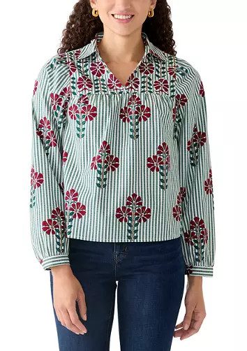 Petite Long Sleeveless Peasant Printed Top | Belk
