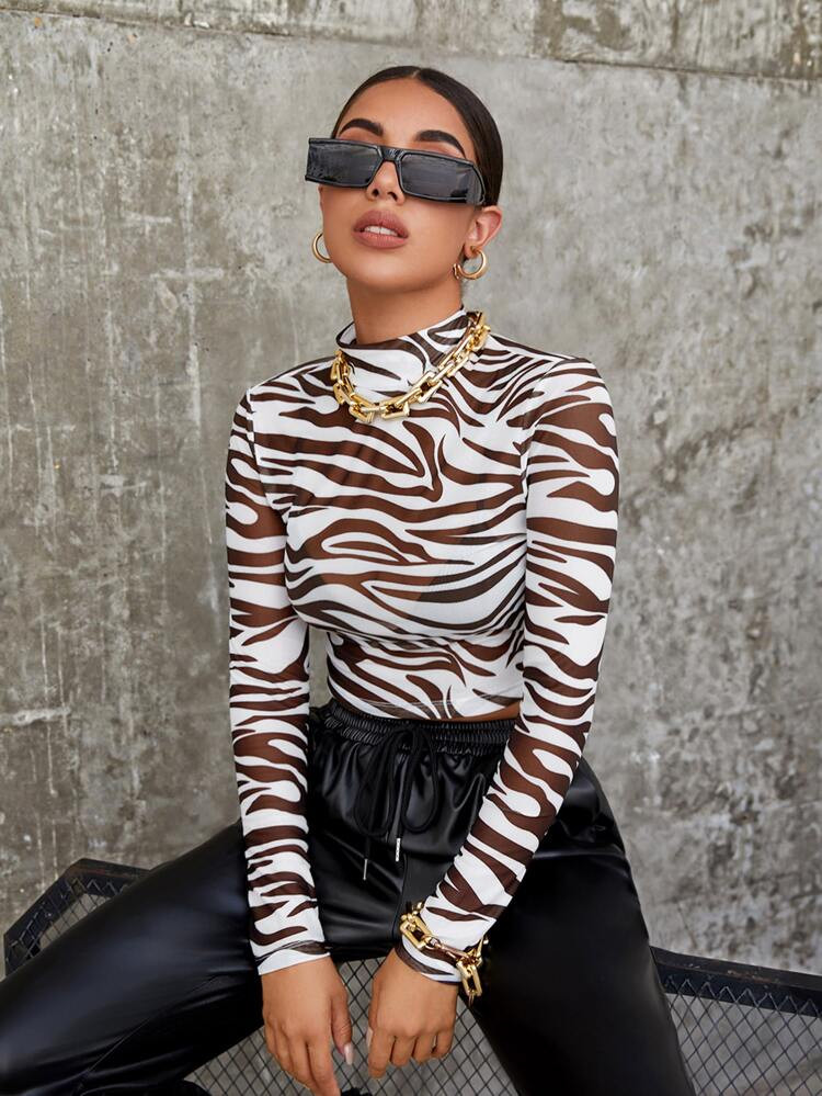 SHEIN Mock Neck Zebra Striped Sheer Mesh Top Without Bra | SHEIN