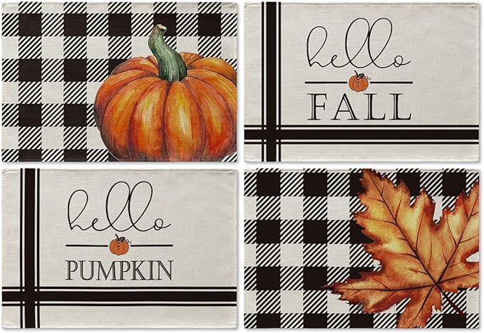 Artoid Mode Hello Fall Pumpkin Maple Leaves Buffalo Plaid Placemats for Dining Table, 12 x 18 Inc... | Amazon (US)