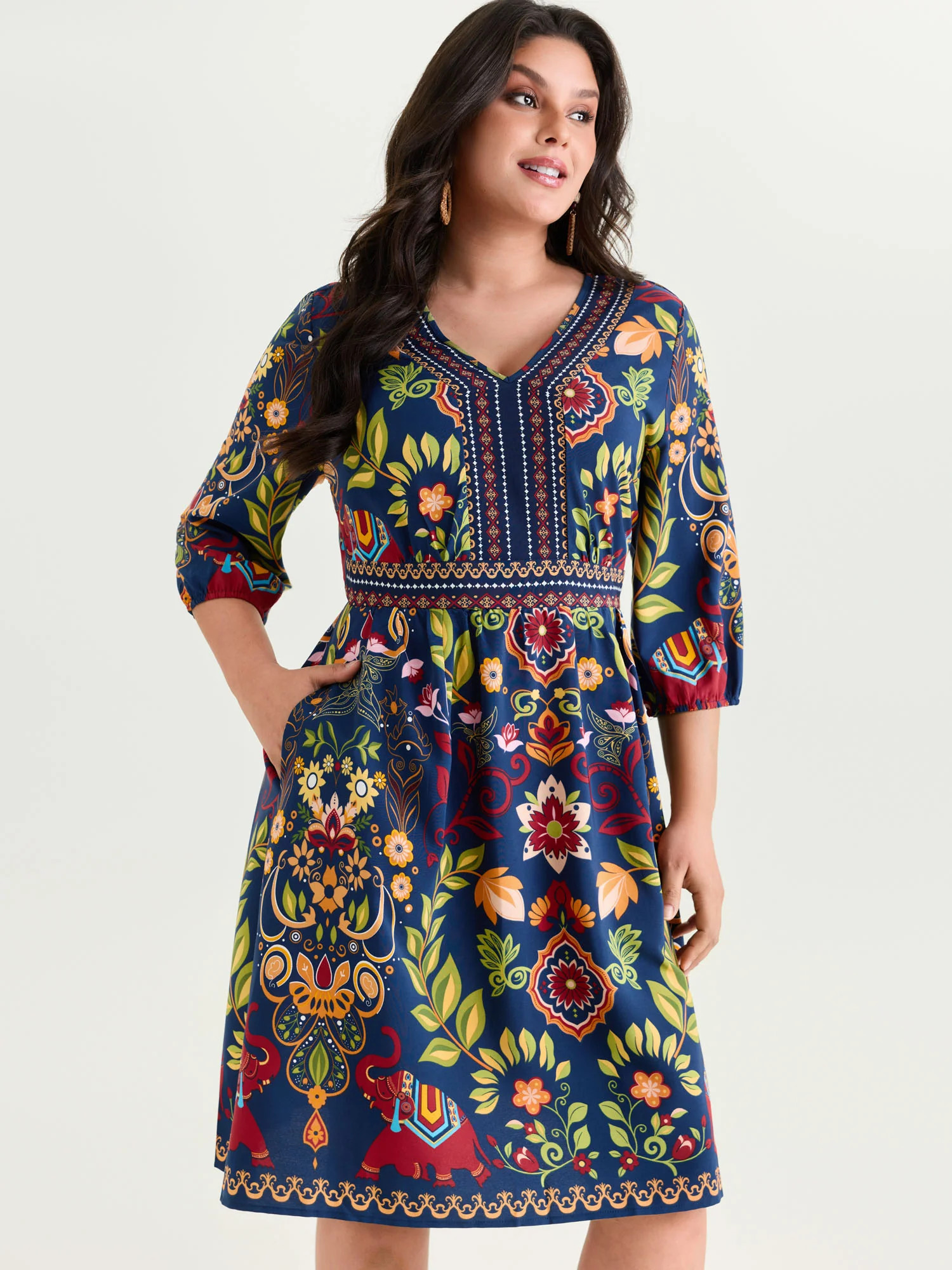 Boho Print V-Neck Pockets Mini Dress | Bloomchic