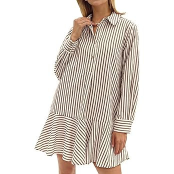Womens Striped Shirt Mini Dress Long Sleeve Collared Ruffle Hem Button Up Tunic Flowy Swing Dress... | Amazon (US)