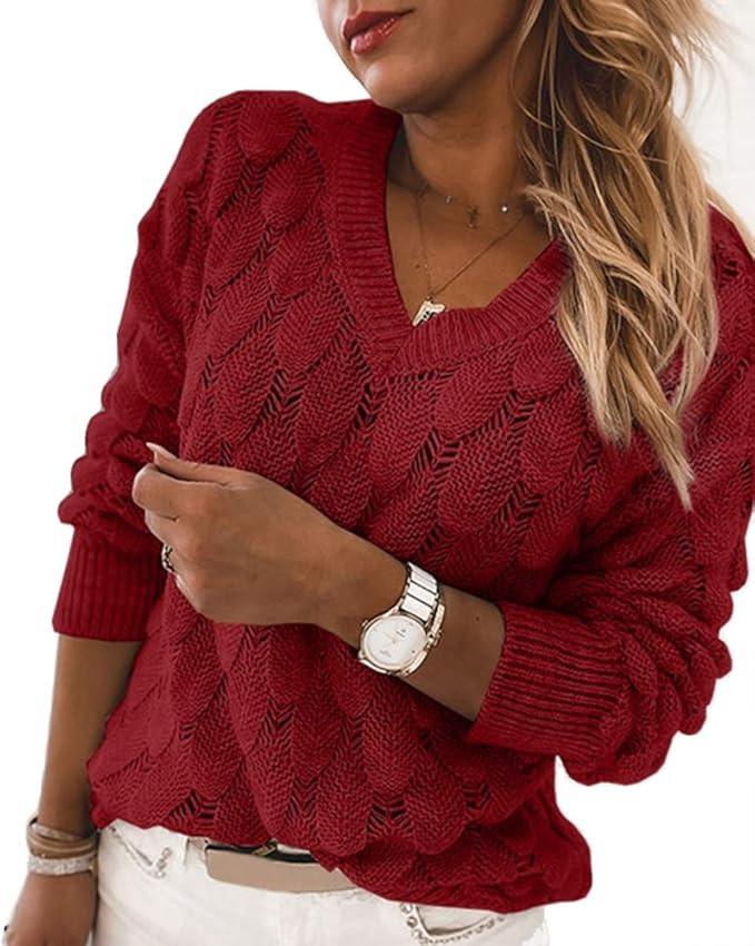 Women's V Neck Long Sleeve Pullover Sweater Lightweight Knit Sweaters Novelty Sweaters | Amazon (US)